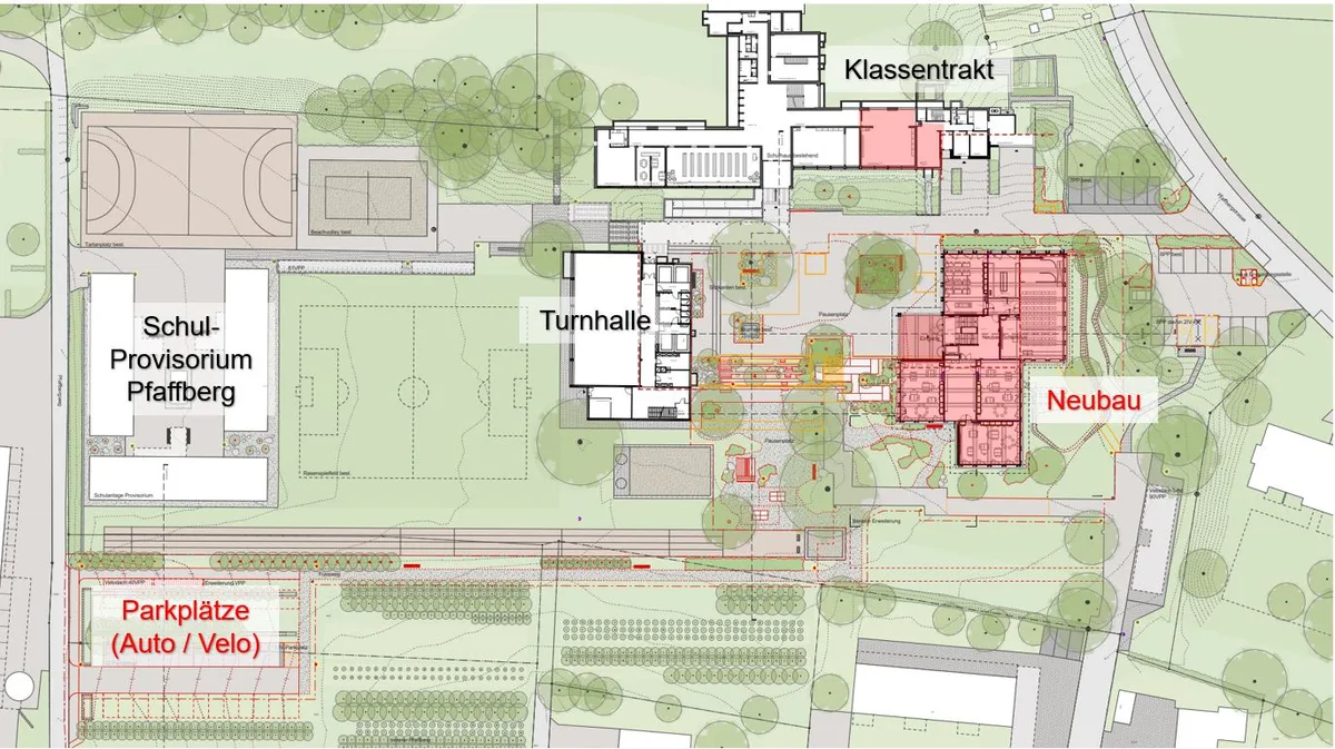 Plan des Oberstufenschulhauses Pfaffberg mit Erweiterungsbau.